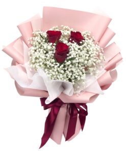 3 red rose korean baby breath flower bouquet