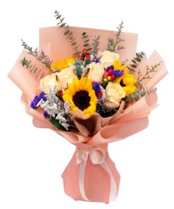 champagne rose and sunflower korean hand bouquet