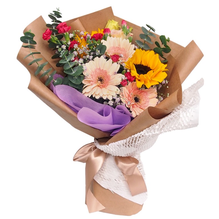 2 sunflower and 3 pink gerbera korean bouquet