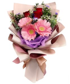 3 red roses and pink gerbera korean hand bouquet